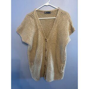 Zara Light Brown Button Up Short Sleeve Vest Cardigan W Pockets SZ M, Wool Blend